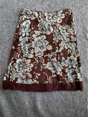 Coldwater Creek 14 Brown Aqua Floral Sequin Skirt A-Line Cotton Lined Y2K Boho